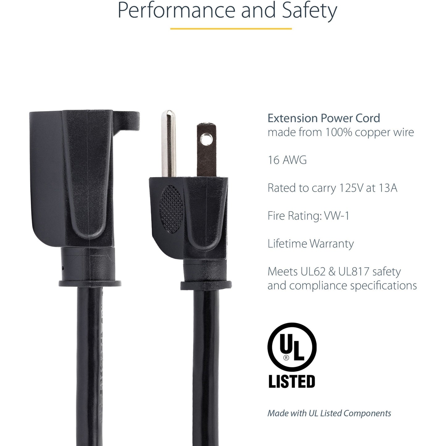 StarTech.com 1ft (0.3m) Short Extension Cord NEMA5-15R to NEMA5-15P Black Extension Cord 13A 125V 16AWG Computer Power Extension Cable