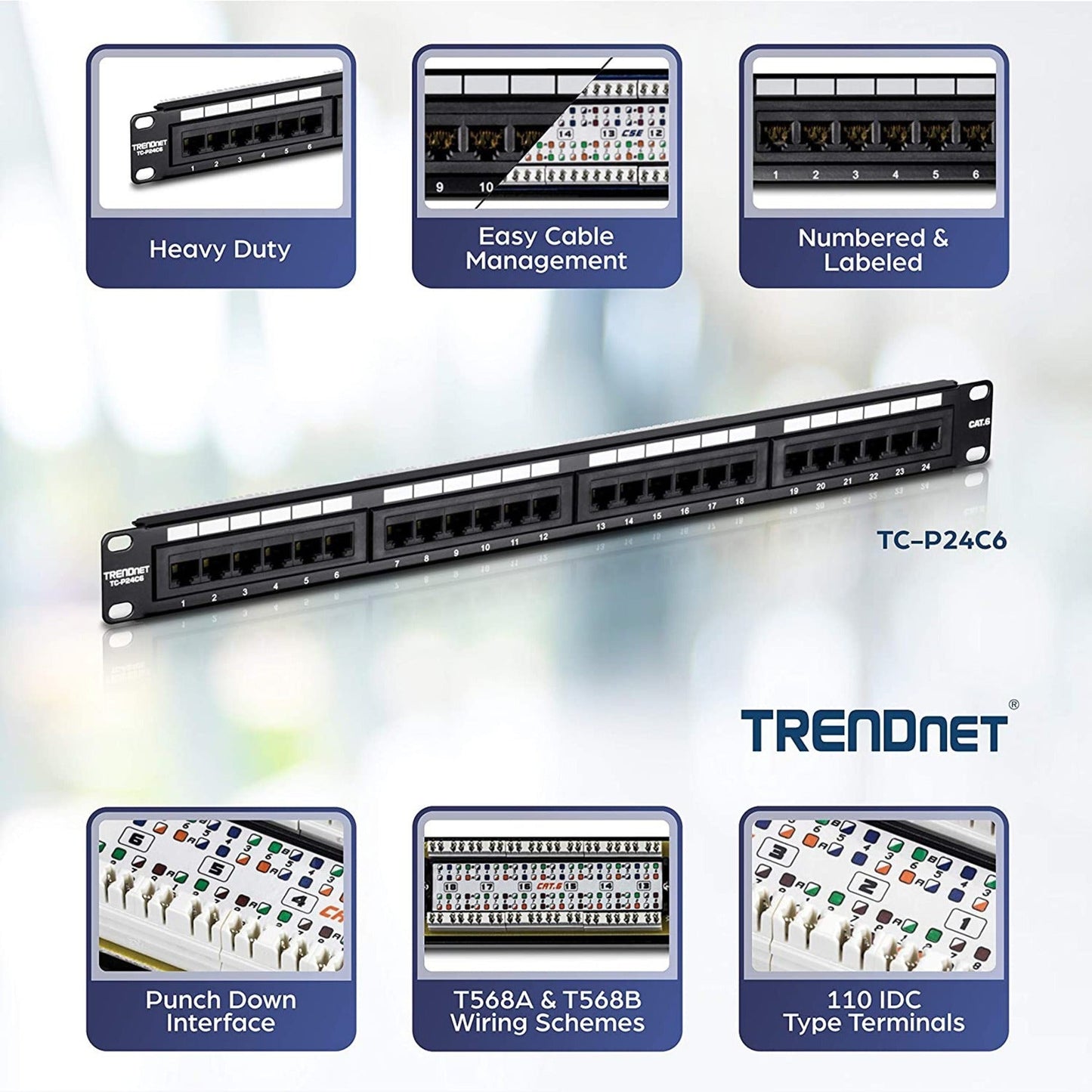TRENDnet 24-Port Cat6 Unshielded Patch Panel Wallmount or Rackmount Compatible with Cat3455e6 Cabling For Ethernet Fast Ethernet Gigabit Applications Black TC-P24C6