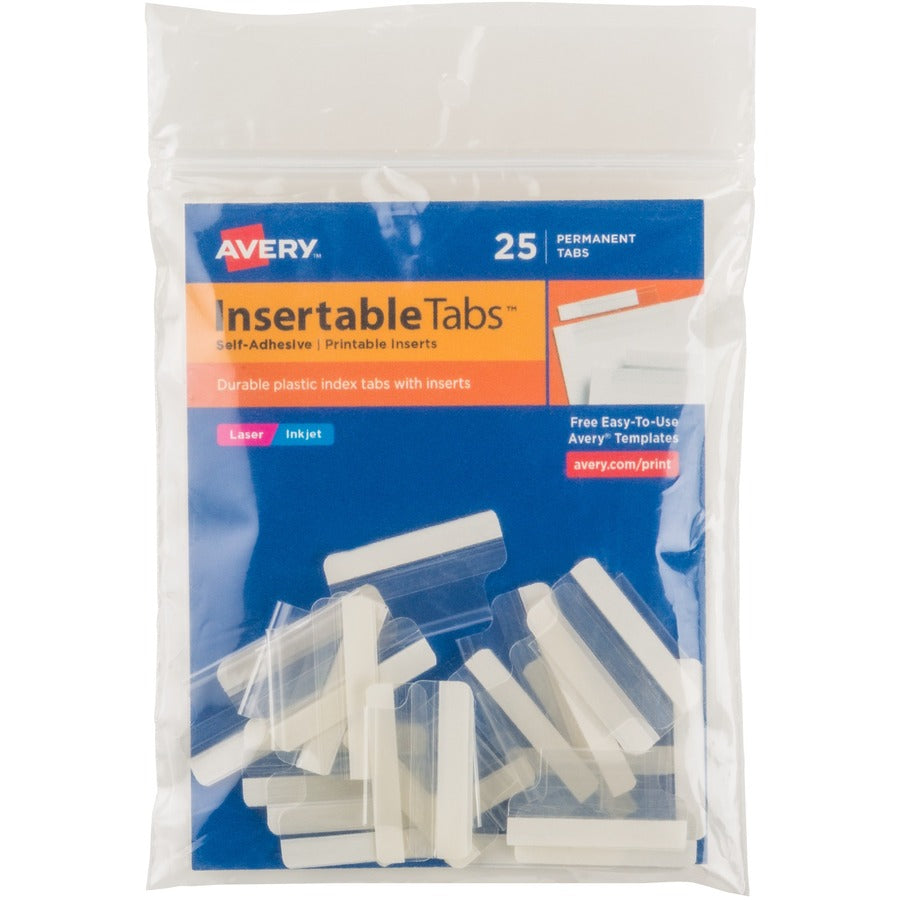 Avery® Insertable Self-Adhesive Index Tabs with Printable Inserts 1" Permanent Adhesive Clear Pack of 25 Index Tabs (16221)