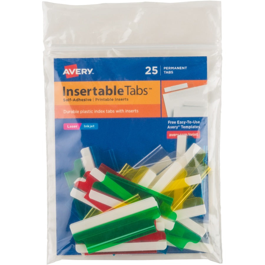 Avery® Insertable Self-Adhesive Index Tabs with Printable Inserts 2" Permanent Adhesive Assorted (Blue Clear Green Red and Yellow) Pack of 25 Index Tabs (16239)