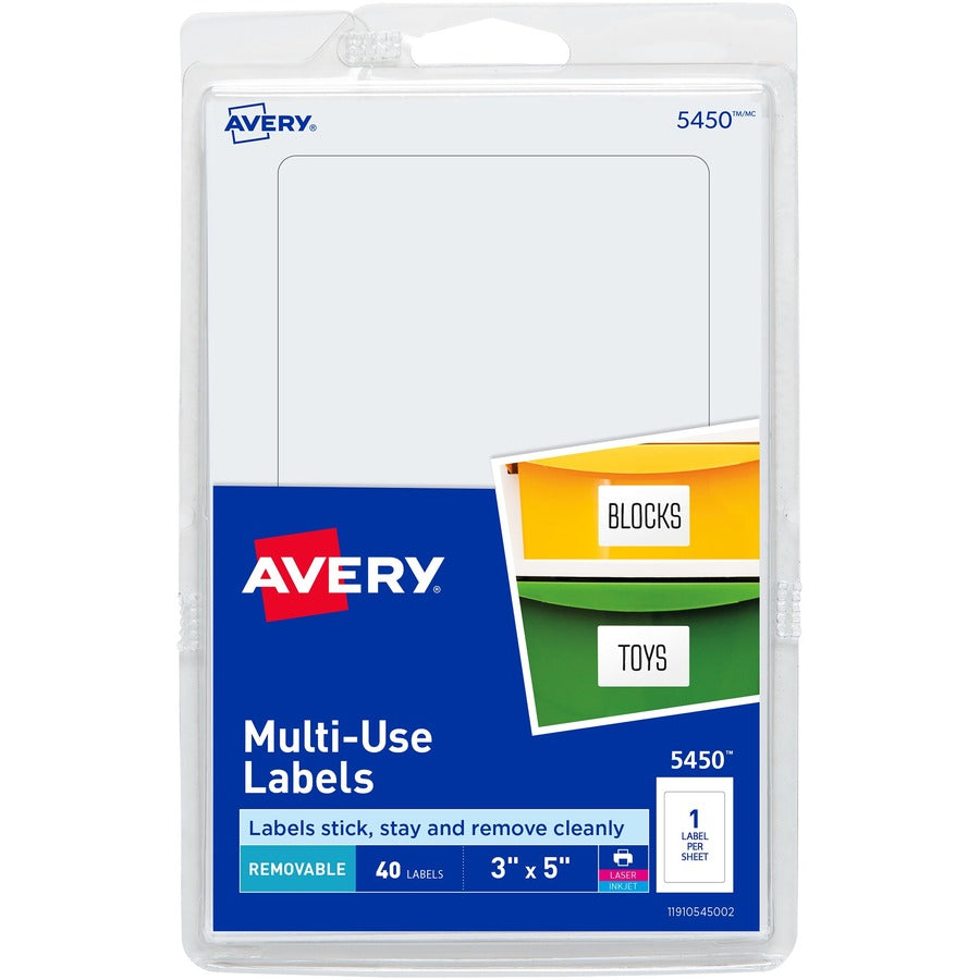 Avery® Removable Labels Removable Adhesive 3" x 5" 40 Labels (5450)