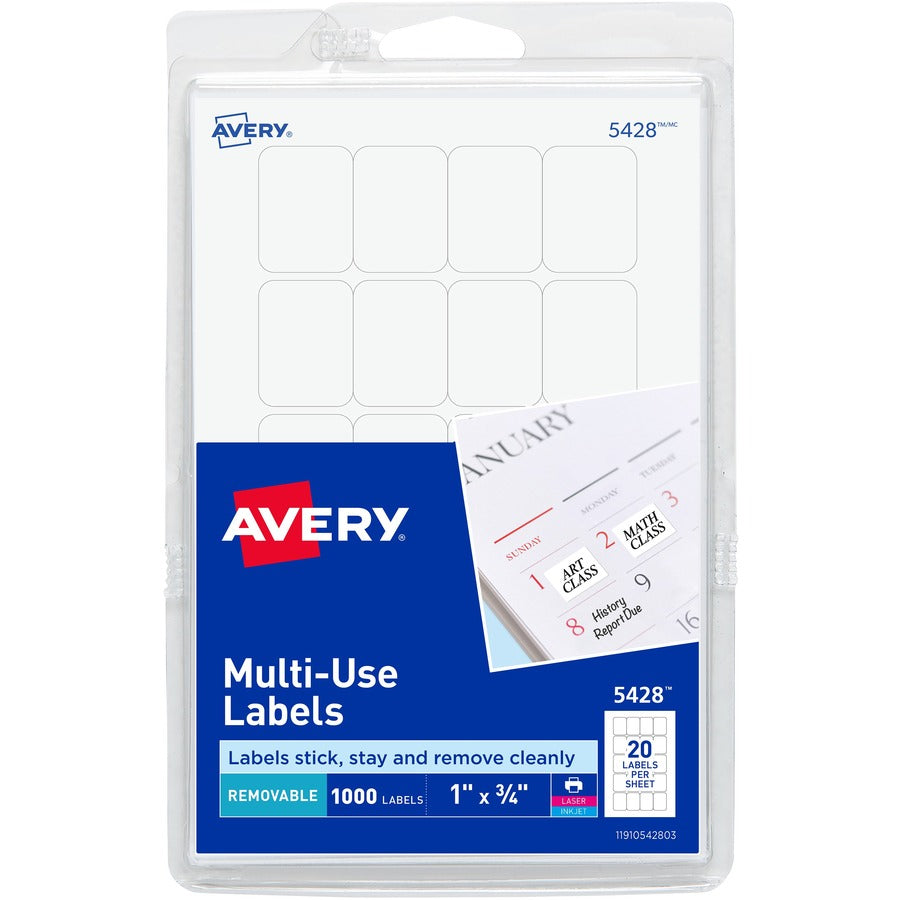 Avery® Removable Labels Removable Adhesive 1" x 3/4" 1000 Labels (5428)