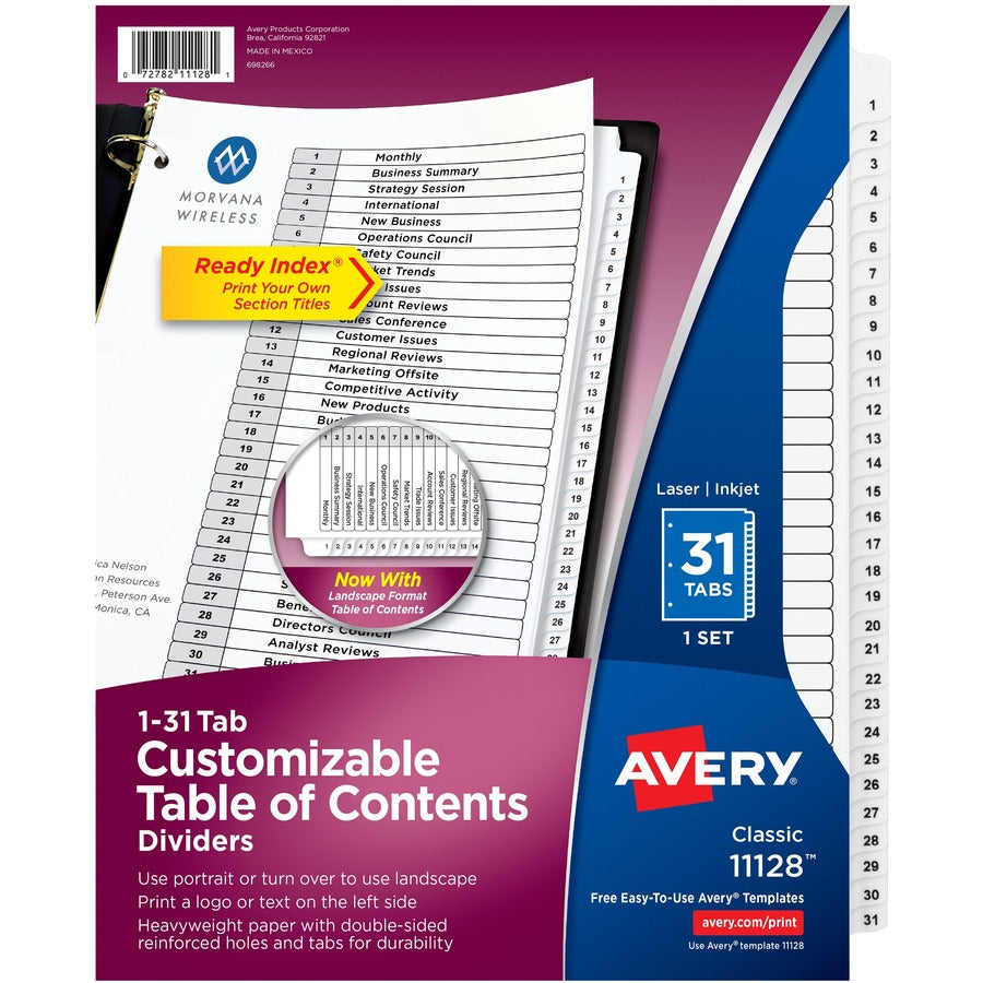 Avery® Ready Index(R) 31 Tab Binder Dividers Customizable Table of Contents Classic White Tabs 1 Set (11128)