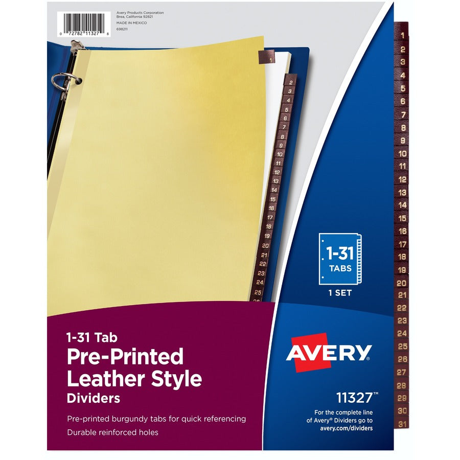 Avery® Preprinted Red Leather Tab Dividers Clear Reinforced Binding Edge 1-31 Tab Set (11327)