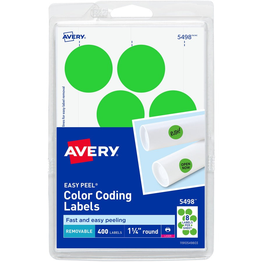 Avery® Removable Print or Write Color Coding Labels for Laser Printers 1-1/4" Round Neon Green 400 Labels (5498)
