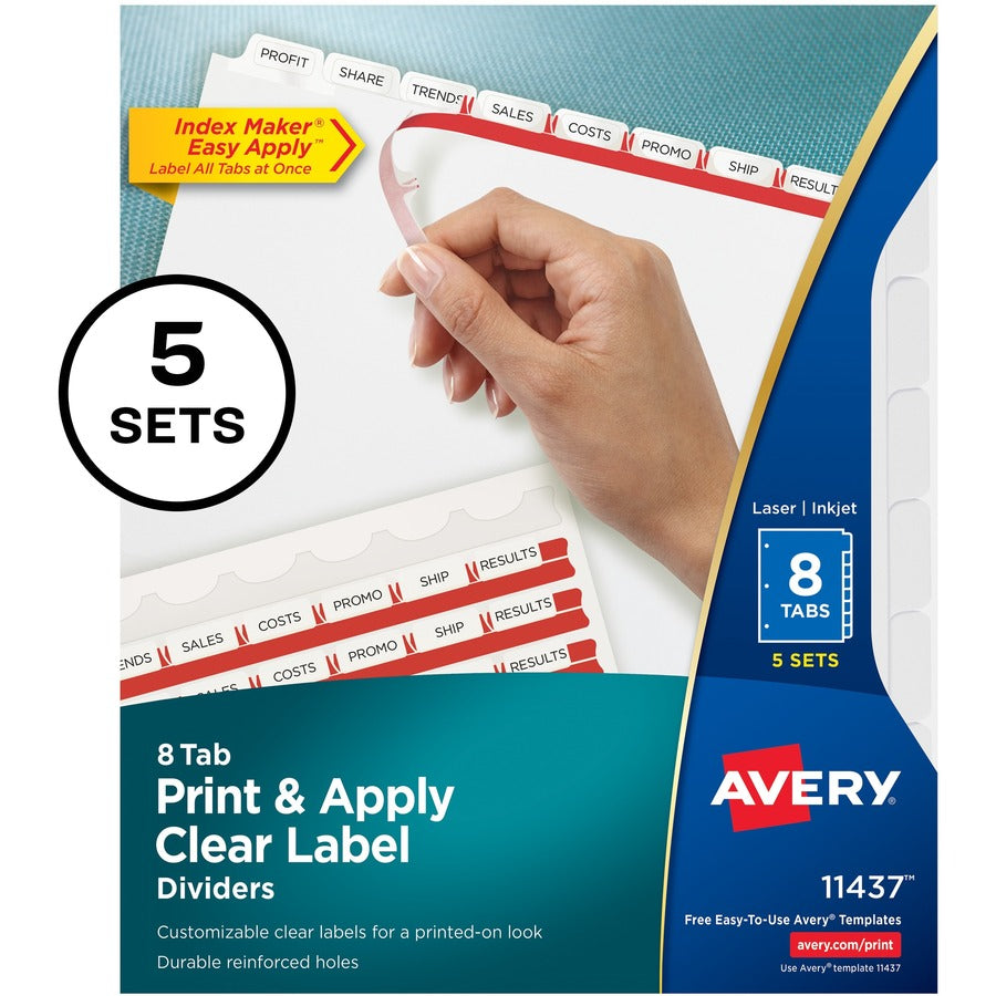 Avery® Print & Apply Clear Label Dividers Index Maker(R) Easy Apply(TM) Printable Label Strip 8 White Tabs 5 Sets (11437)