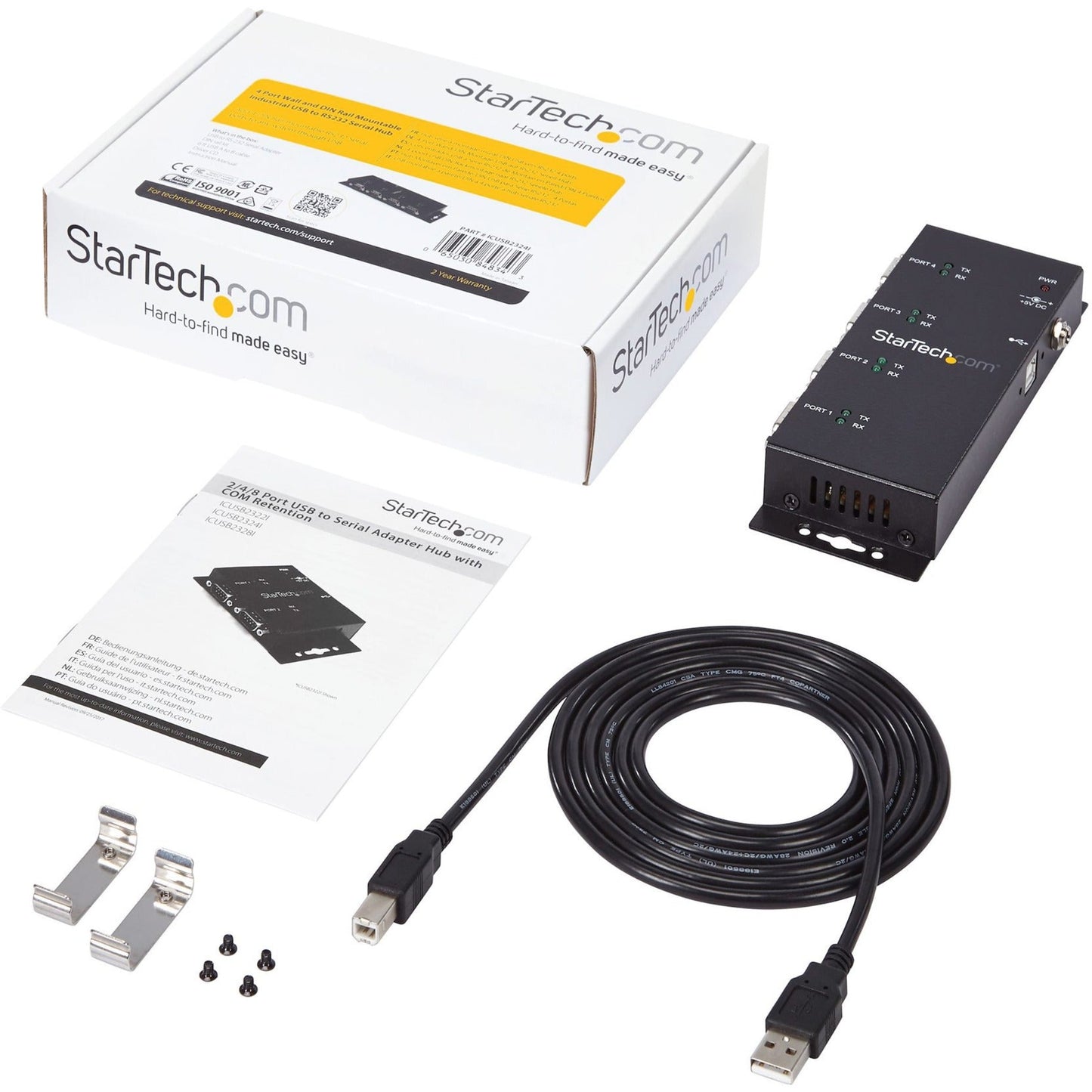 StarTech.com USB to Serial Adapter Hub â€" 4 Port â€" Industrial â€" Wall Mount â€" Din Rail â€" COM Port Retention â€" FTDI USB Serial
