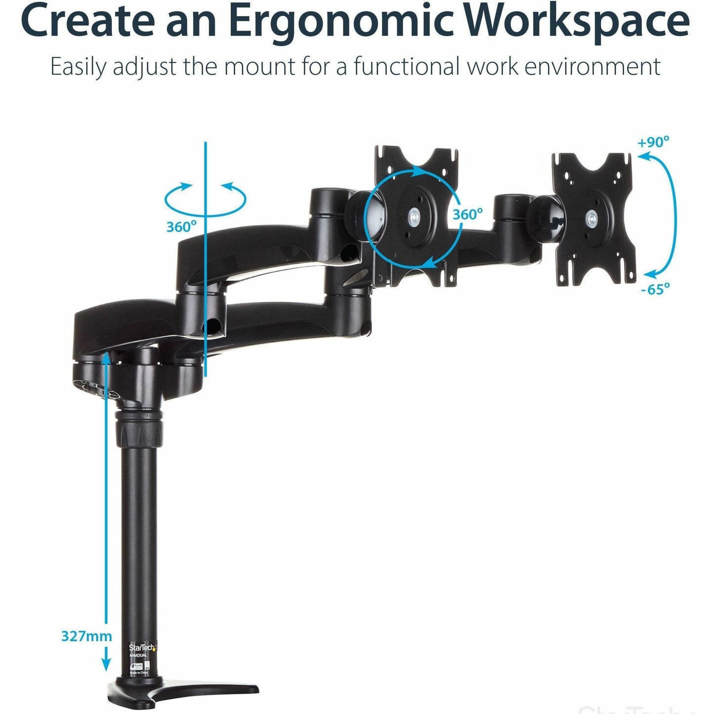 StarTech.com Desk Mount Dual Monitor Arm Dual Articulating Monitor Arm Height Adjustable For VESA Monitors up to 24" (29.9lb/13.6kg)