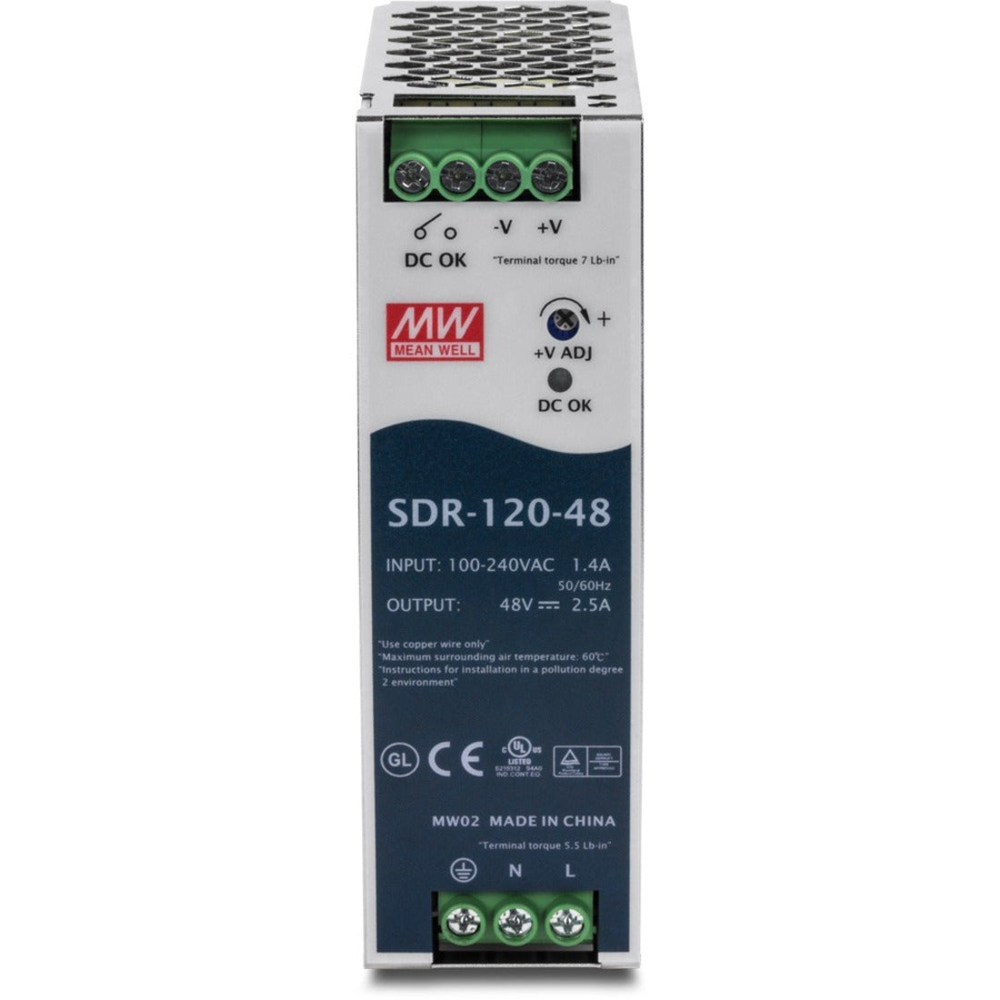 TRENDnet 120 W Single Output Industrial DIN-Rail Power Supply Extreme -25 to 70 °C (-13 to 158 °F) Operating Temp Power Supply 120W DIN-Rail Mount Overload Protection Silver TI-S12048