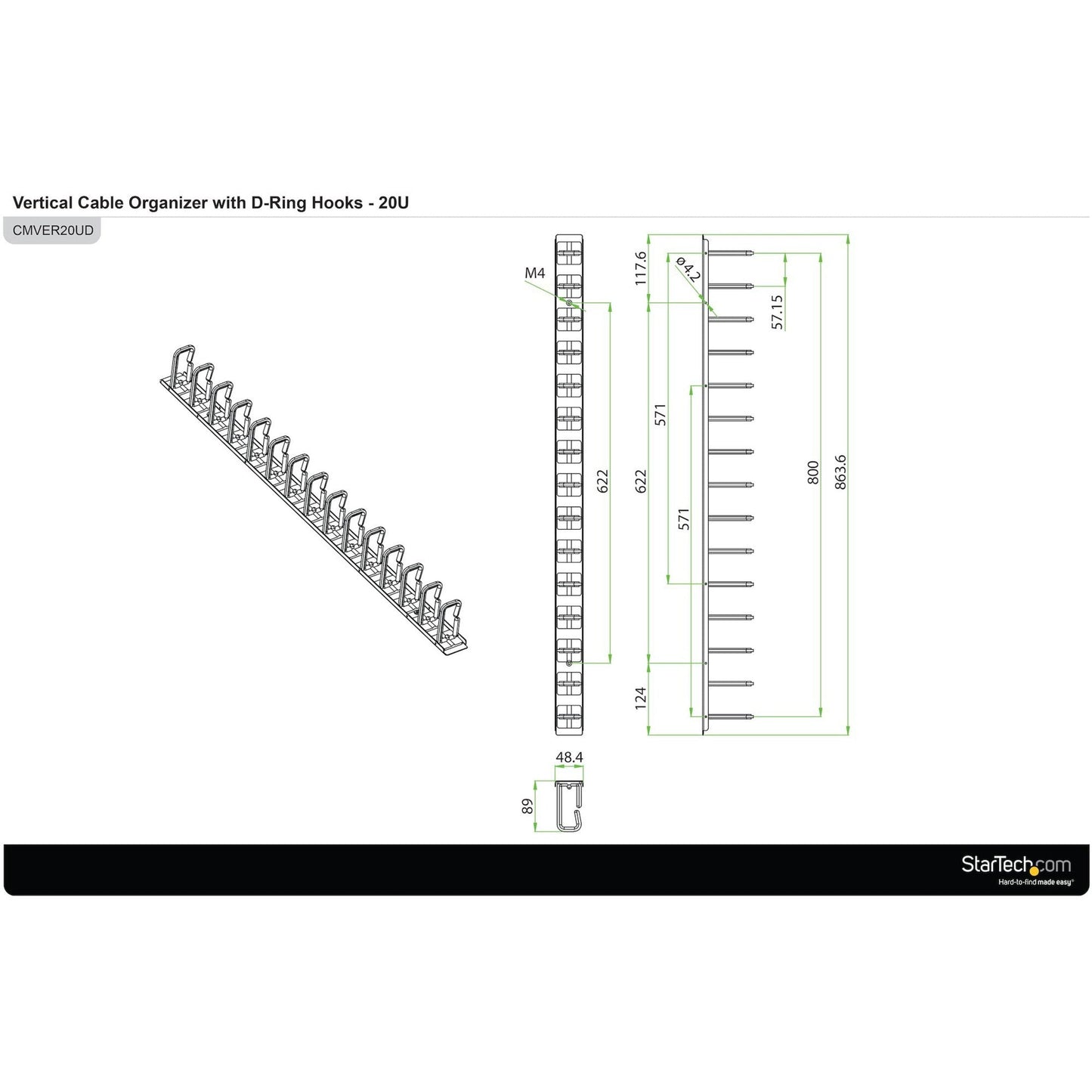 StarTech.com Vertical Cable Organizer with D-Ring Hooks - Vertical Cable Management Panel - 20U - 2.8ft.