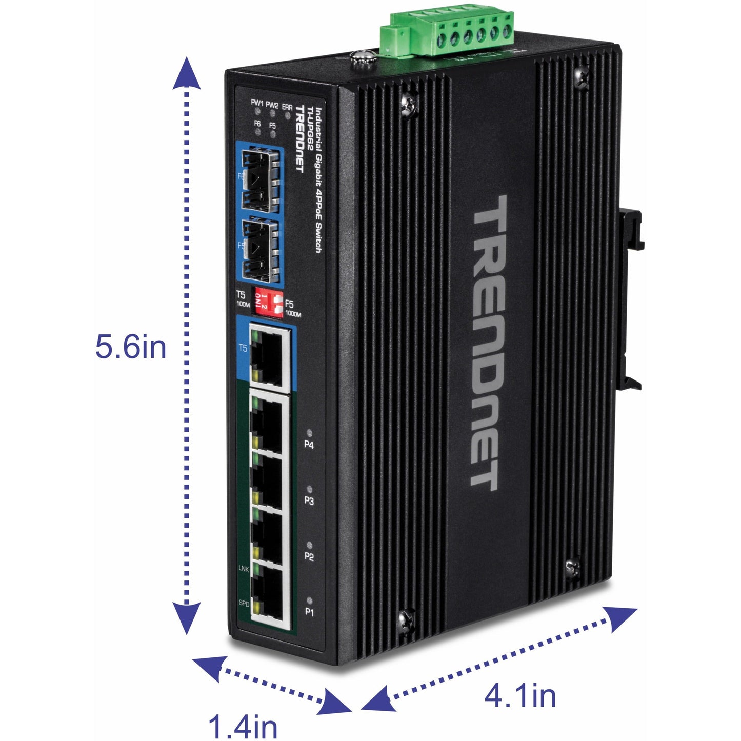 TRENDnet 6-Port Hardened Industrial Gigabit 10/100/1000 Mbps Ultra PoE DIN-Rail Switch; UPoE; IP30; DIN-Rail & Wall Mounts Included; Lifetime Protection; TI-UPG62