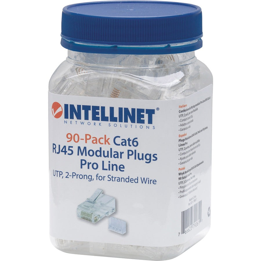 Intellinet Network Solutions Cat6 RJ45 Modular Plugs 2-Prong UTP For Stranded Wire 90 Plugs and Liners in Jar