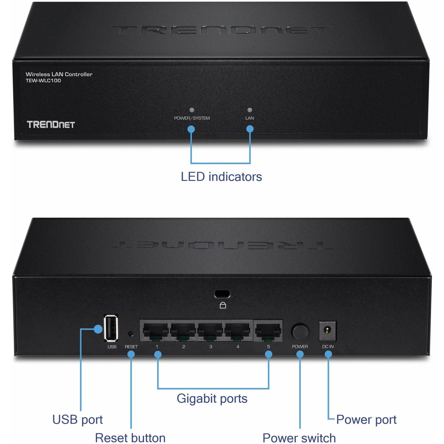 TRENDnet Wireless LAN Controller; Built-in 5-Port GB Switch; Compatible with: TEW-755AP/TEW-821DAP/TEW-825DAP; Access Point Management; TEW-WLC100