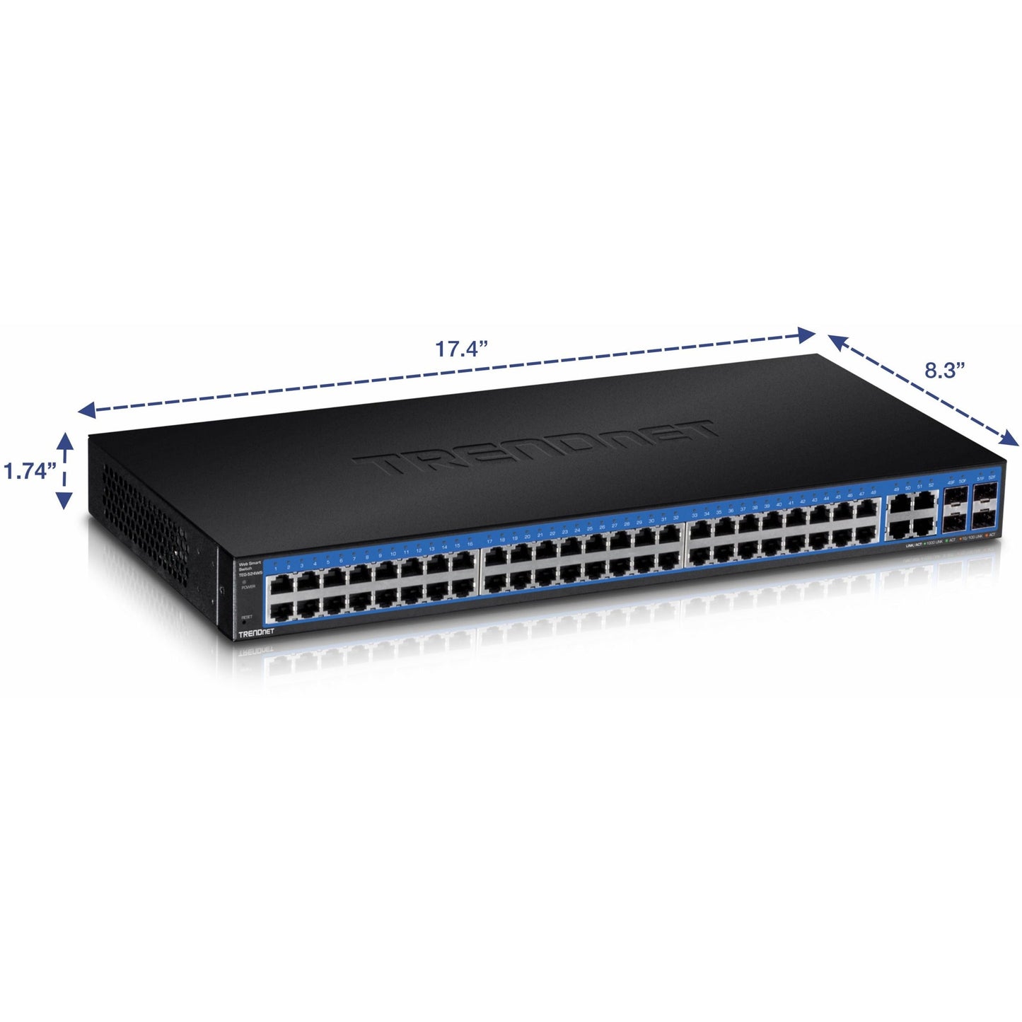 TRENDnet 52-Port Gigabit Web Smart Switch 48 Gigabit RJ-45 Ports 4 Shared Gigabit Ports (RJ-45 or SFP) 104 Gbps Switching Capacity VLAN QoS LACP IPv6 Lifetime Protection Black TEG-524WS