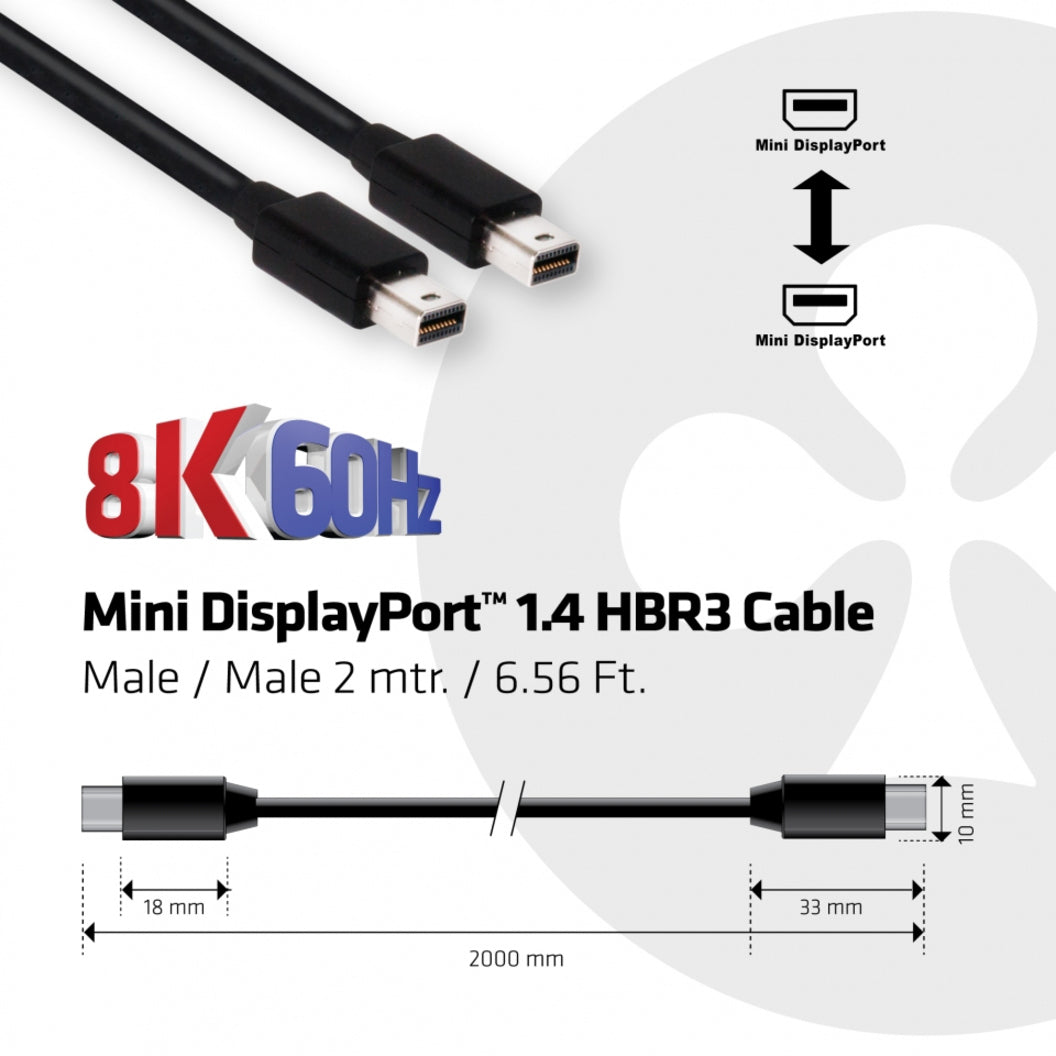 Club 3D MiniDisplayPort 1.4 HBR3 Cable M/M 2m/6.56 Ft.