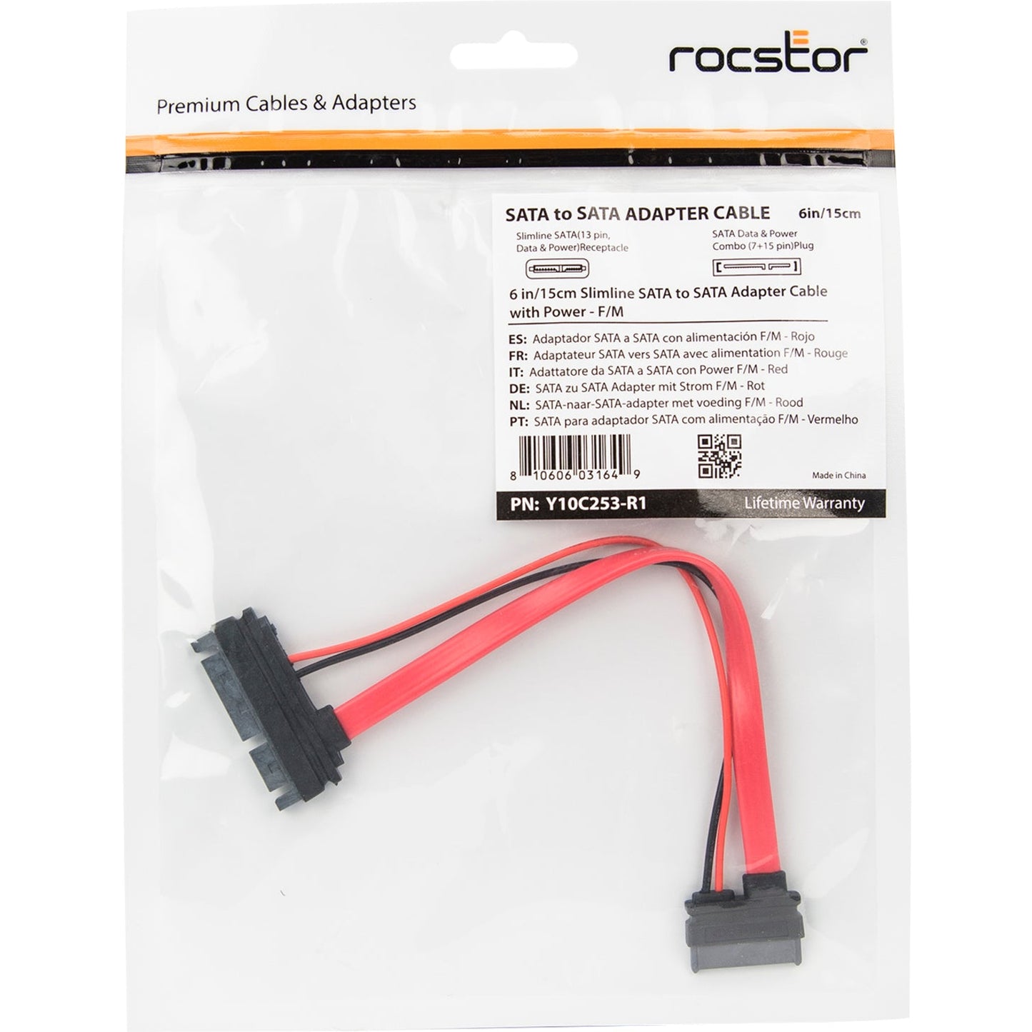 Rocstor Premium 6in Slimline SATA to SATA Adapter with Power - F/M - SATA for Optical Drive Motherboard - 6" - 1 Pack - 1 x SATA - 1 x SATA - Red - Adapter with Power