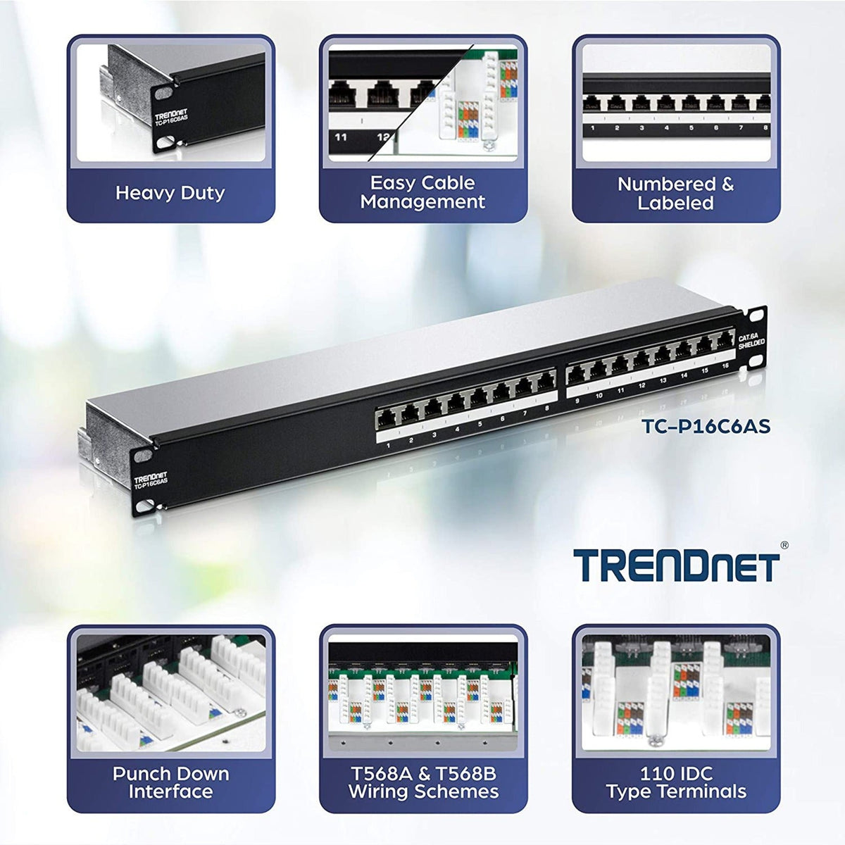 TRENDnet 16-Port Cat6A Shielded Patch Panel 1U 19" Metal Housing 10G Ready Cat5eCat6Cat6A Compatible Cable Management Color-Coded Labeling for T568A and T568B Wiring Black TC-P16C6AS