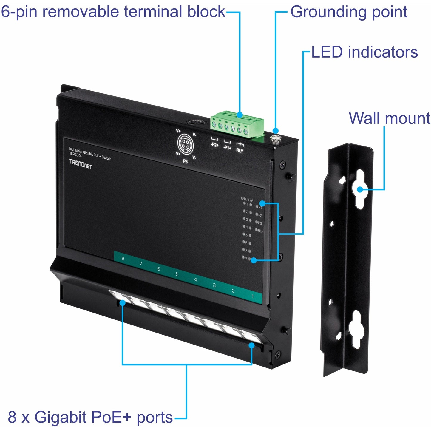 TRENDnet 8-Port Industrial Gigabit Poe+ Wall-Mounted Front Access Switch; 8X Gigabit Poe+ Ports; DIN-Rail Mount; 48 ?57V DC Power Input; IP30; 200W Poe Budget;Lifetime Protection; TI-PG80F