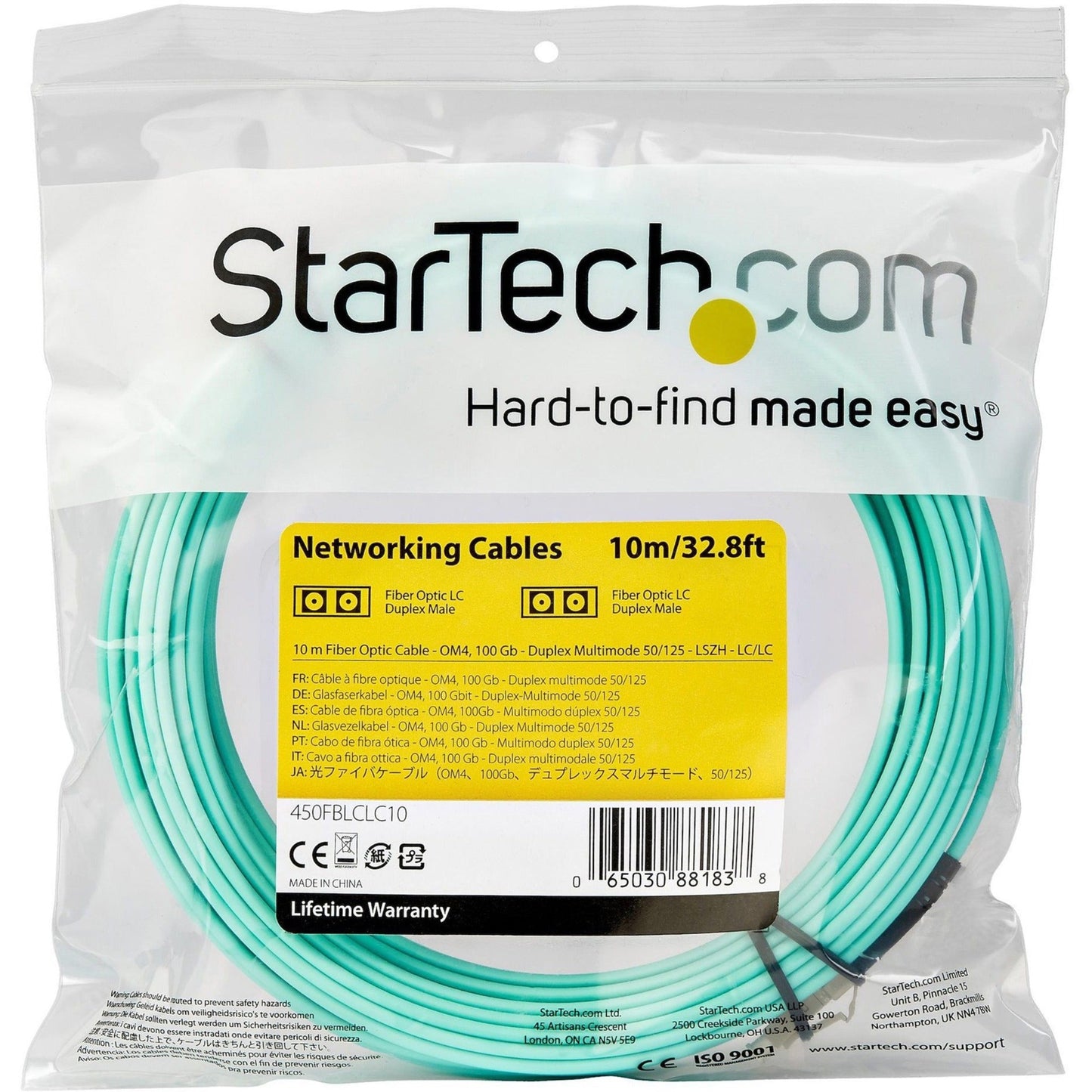 StarTech.com 10m (30ft) LC/UPC to LC/UPC OM4 Multimode Fiber Optic Cable 50/125µm LOMMF/VCSEL Zipcord Fiber 100G LSZH Fiber Patch Cord