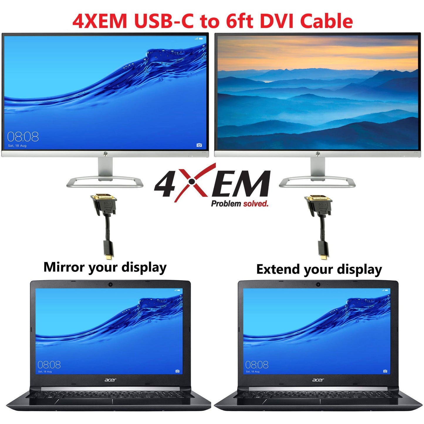 4XEM USB-C to DVI Cable 6ft-Black
