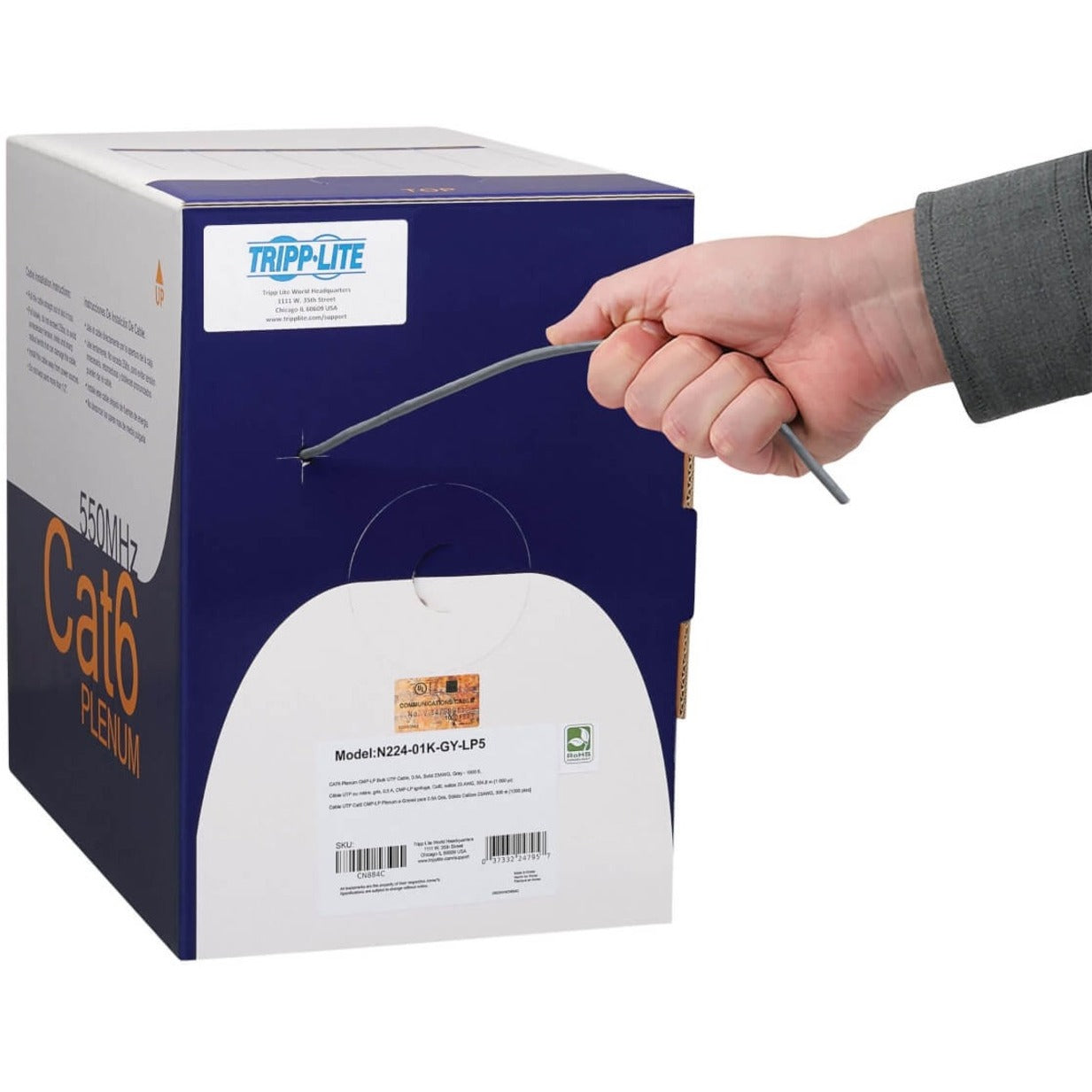 Tripp Lite Cat6 Gigabit Solid Core UTP Bulk Ethernet Cable CMP-LP 0.5A Plenum 100W PoE/PoE++ Gray 1000 ft. (304.8 m)