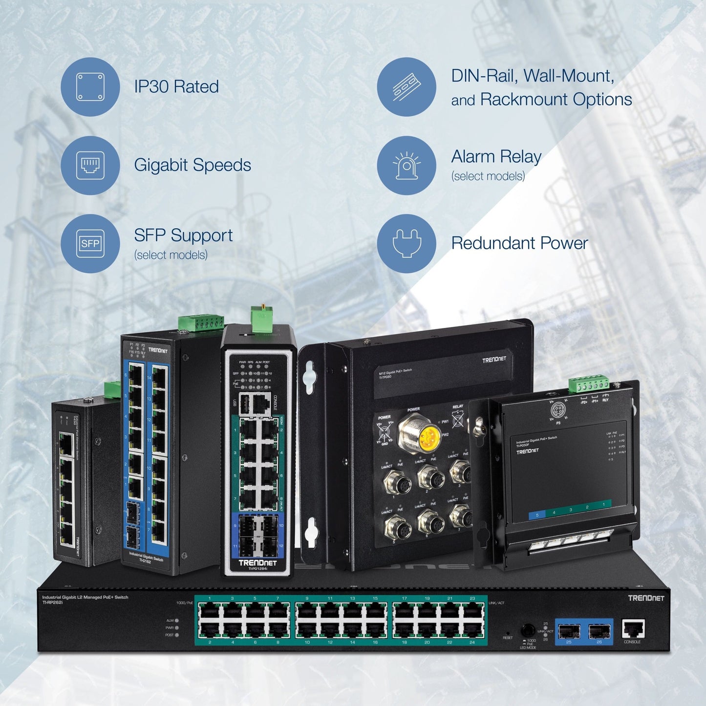 TRENDnet 16-Port Hardened Industrial Unmanaged Gigabit PoE+ DIN-Rail Switch; TI-PG162; 14 x Gigabit Ports; 2 x Gigabit SFP Slots; 32Gbps; IP30 Gigabit Network Ethernet Switch; Lifetime Protection