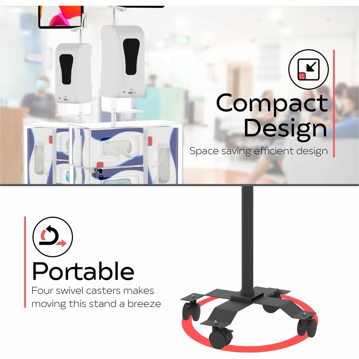 CTA Digital Compact Security Gooseneck Floor Stand for 7-13 Inch Tablets with Sanitizing Station & Automatic Soap Dispenser