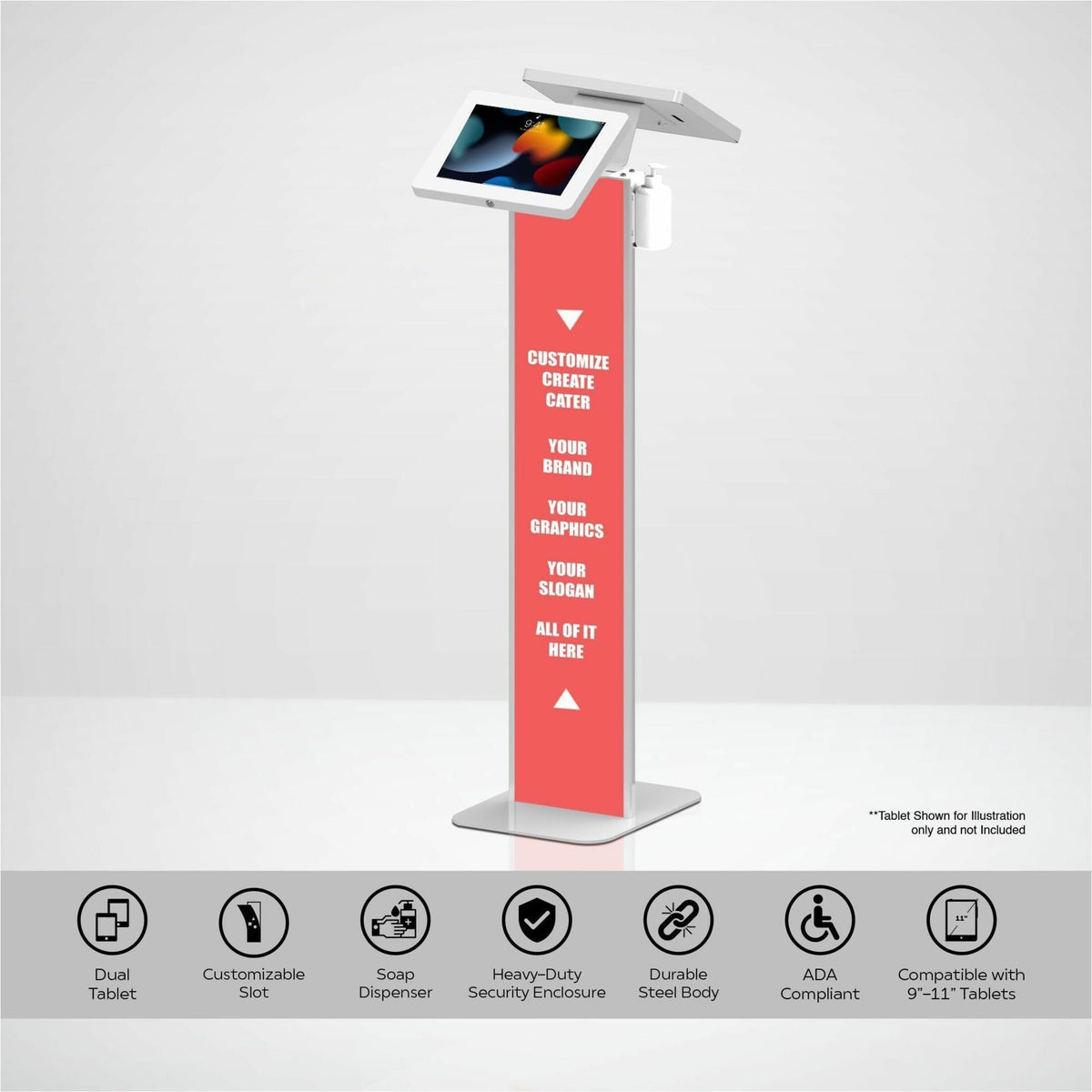 CTA Digital Premium Dual Enclosure Locking Floor Stand Kiosk with Graphic Card Slot and Automatic Soap Dispenser (White)