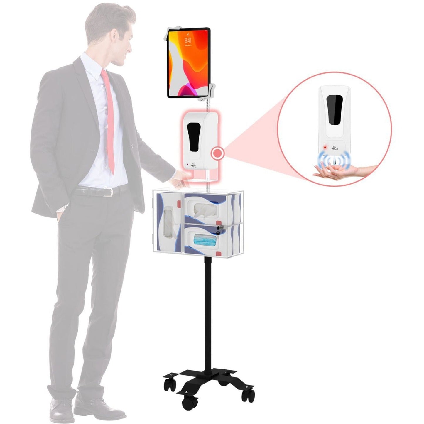 CTA Digital Compact Gooseneck Floor Stand for 7-13 Inch Tablets with Sanitizing Station & Automatic Soap Dispenser