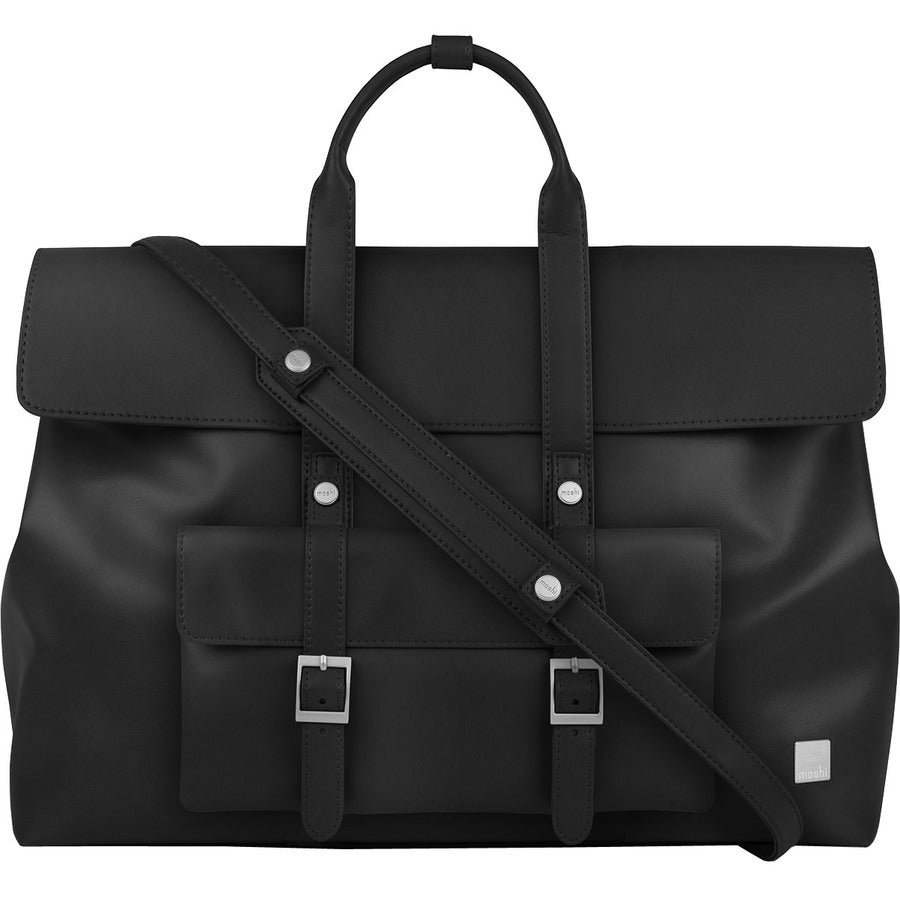 Moshi Treya Convertible Satchel/Backpack - Jet Black Three-in-one Messenger Satchel Briefcase for Laptops up to 13" Vegan Leather Removable Clutch RFID Pocket