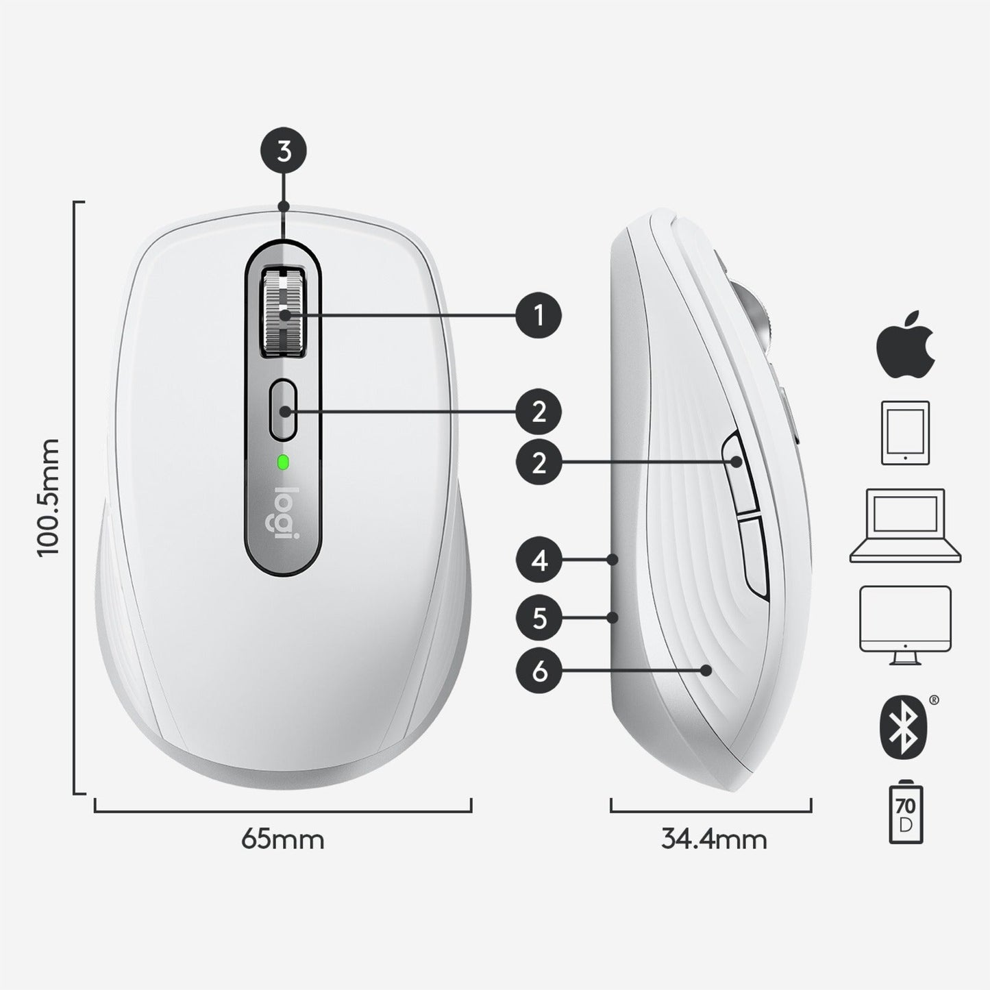 Logitech MX Anywhere 3 for Mac Compact Performance Mouse Wireless Comfortable Ultrafast Scrolling Any Surface Portable 4000DPI Customizable Buttons USB-C Bluetooth Apple Mac iPad Pale Gray