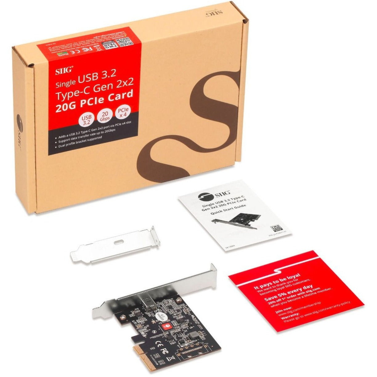 SIIG Single USB 3.2 Type-C Gen 2x2 20G PCIe Card Dual Profile Design