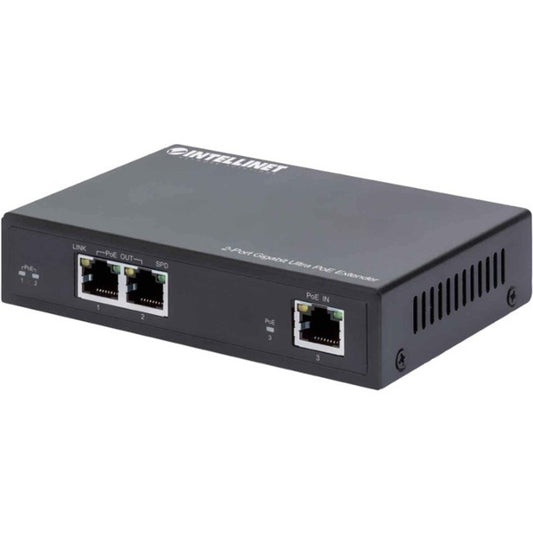 Intellinet 2-Port Gigabit Ultra PoE Extender Adds up to 100 m (328 ft.) to PoE Range PoE Power Budget 60 W Two PSE Ports with 30 W Output Each IEEE 802.3bt/at/af Compliant Metal Housing