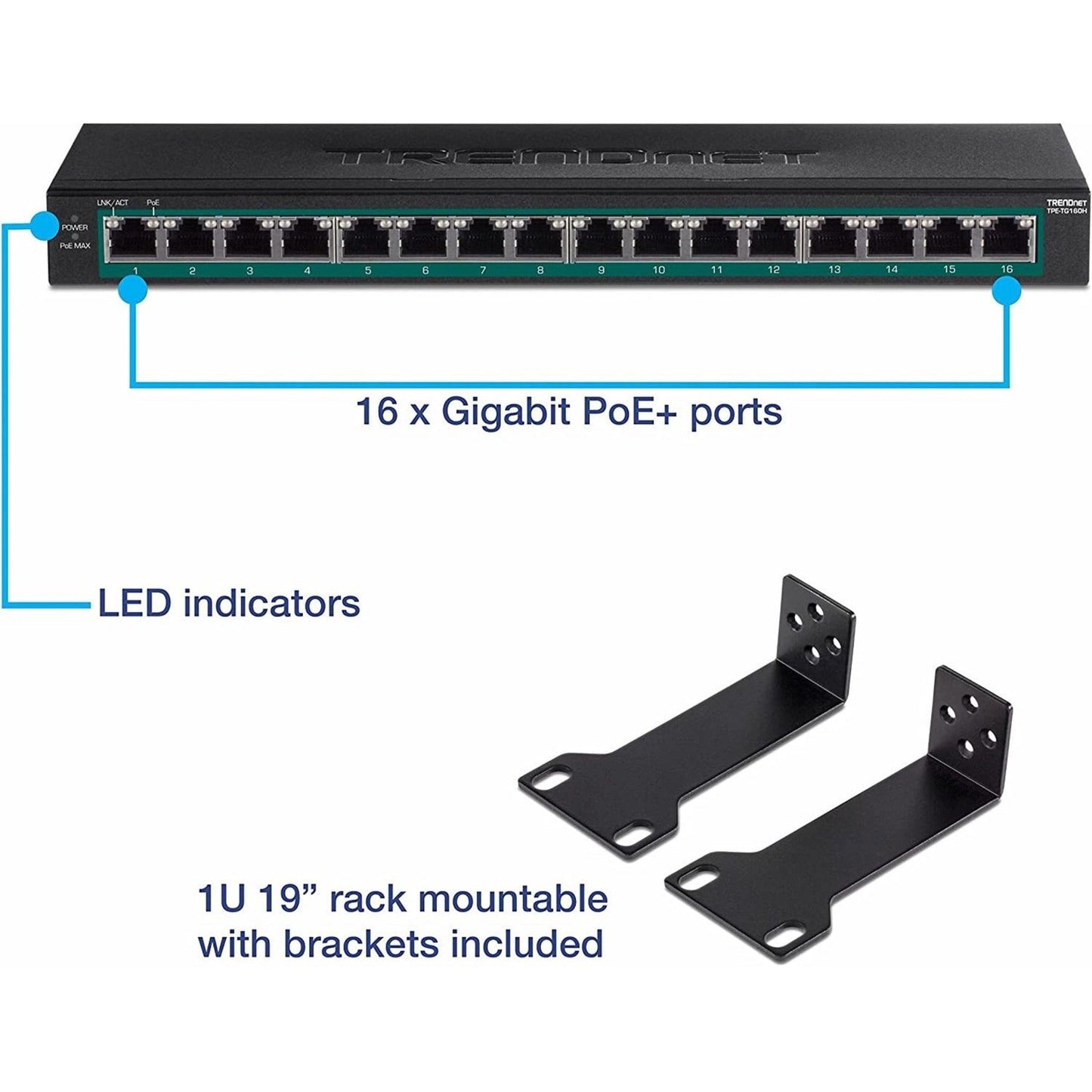 TRENDnet 16-Port Gigabit PoE+ Switch; TPE-TG160H; 123W PoE Power Budget; 32 Gbps Switching Capacity; Desktop Switch; Ethernet Network Switch; Metal; 1U 10" Rack Mountable; Lifetime Protection