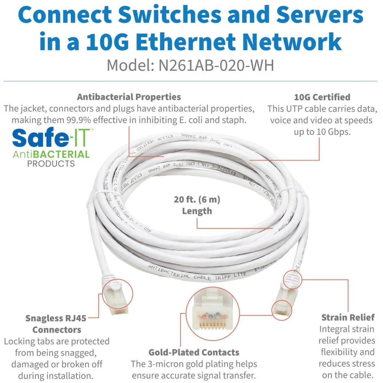 Tripp Lite Safe-IT Cat6a 10G Snagless Antibacterial UTP Ethernet Cable (RJ45 M/M) PoE White 20 ft. (6.09 m)