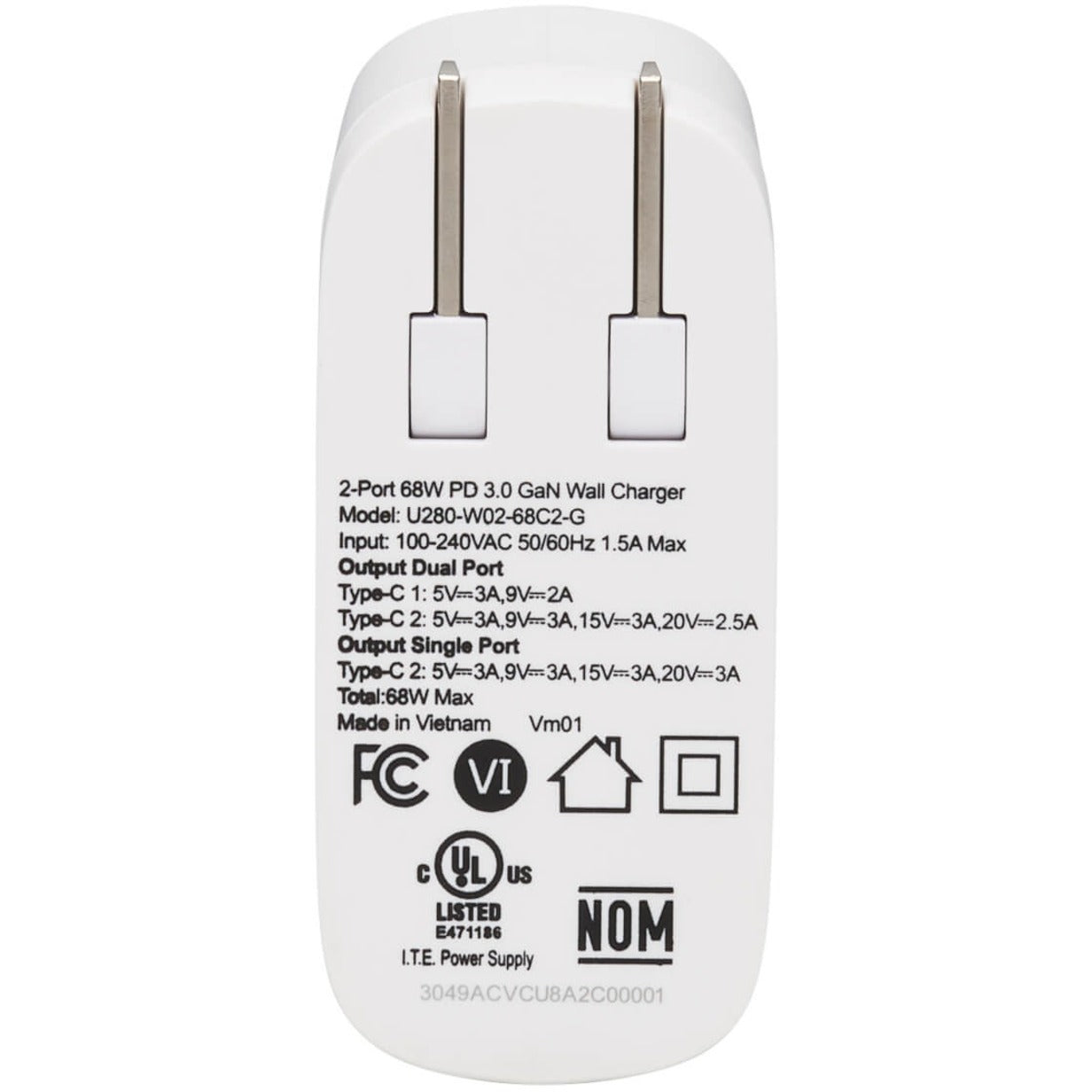 Tripp Lite Dual-Port Compact USB-C Wall Charger GaN Technology 68W PD Charging (50W+18W) White