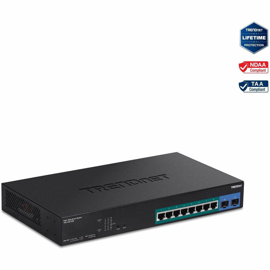 TRENDnet 10-Port Gigabit Web Smart PoE+ Switch with 8 Gigabit PoE+ Ports 2 SFP Slots 130W PoE Budget VLAN QoS LACP IPv4/IPv6 Static Routing Black TPE-1021WS