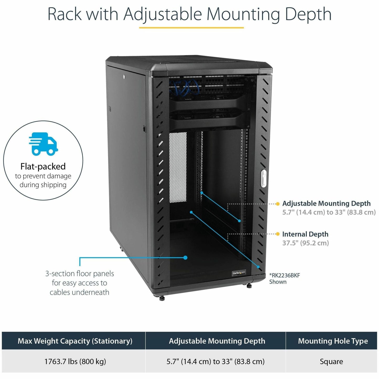 StarTech.com 32U 19" Server Rack Cabinet Adjustable Depth 6-32 inch Flat Pack Lockable 4-Post Network/Data Rack Enclosure with Casters