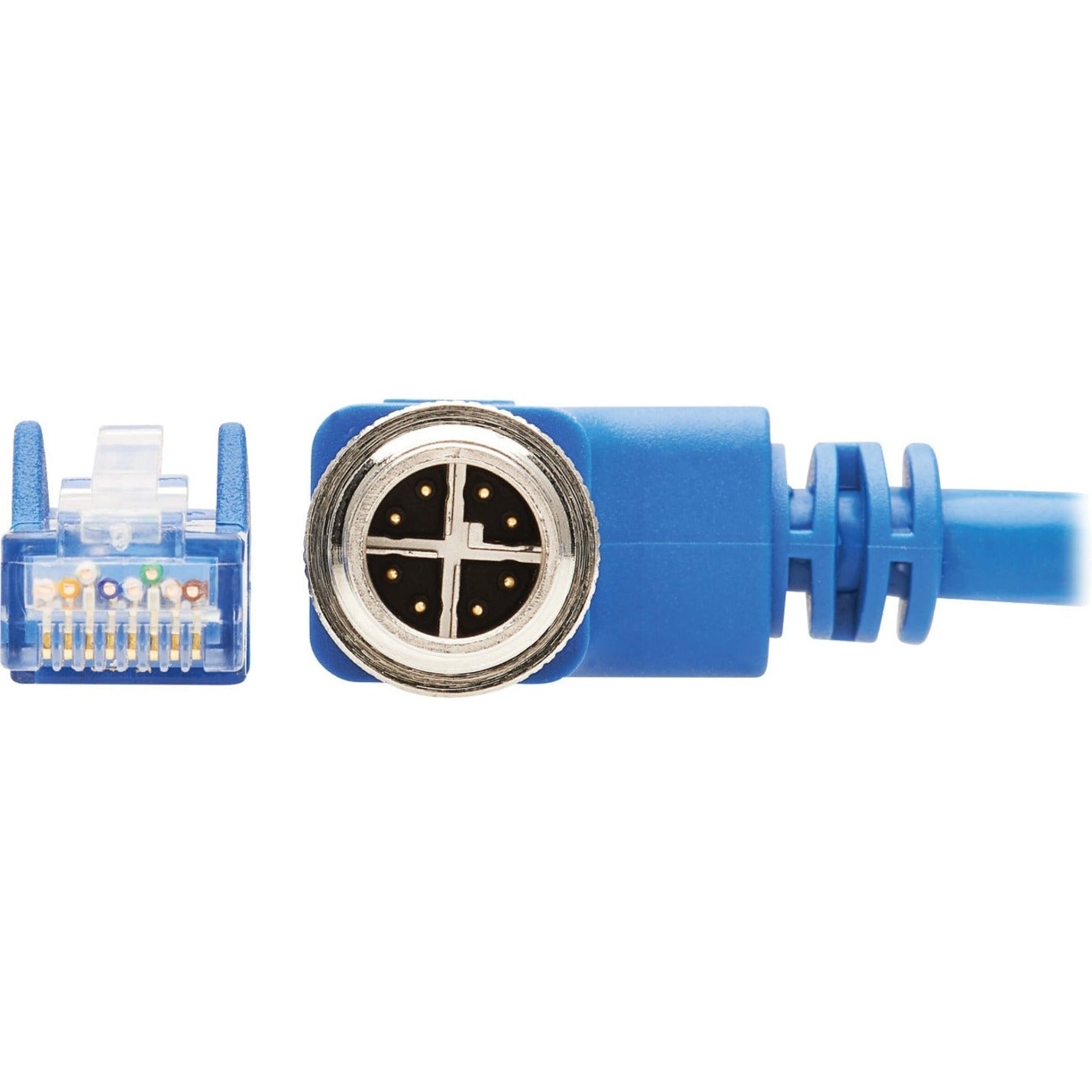 Tripp Lite M12 X-Code Cat6 1G UTP CMR-LP Ethernet Cable (Right-Angle M12 M/RJ45 M) IP68 PoE Blue 10 m (32.8 ft.)