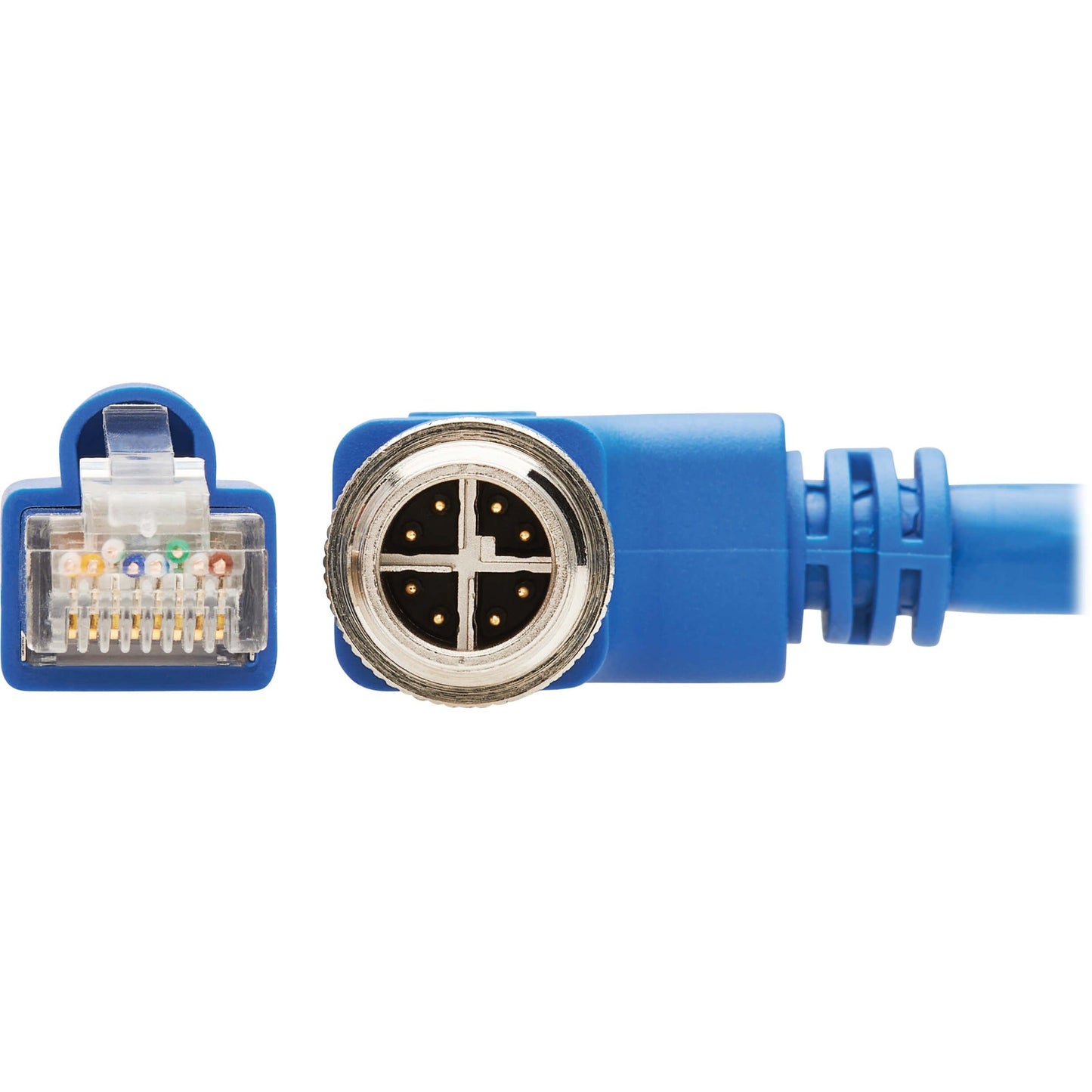 Tripp Lite M12 X-Code Cat6a 10G F/UTP CMR-LP Shielded Ethernet Cable (Right-Angle M12 M/RJ45 M) IP68 PoE Blue 10 m (32.8 ft.)