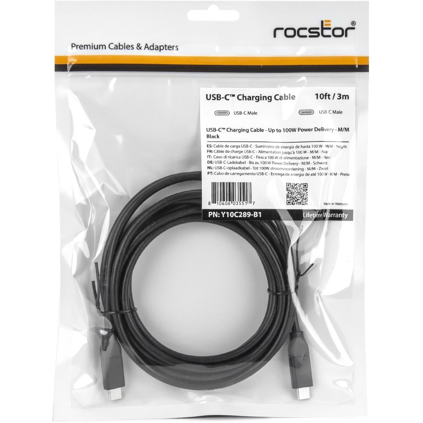 Rocstor Premium USB-C Charging Cable 3m 10ft - Up to 100W PD - M/M - Black