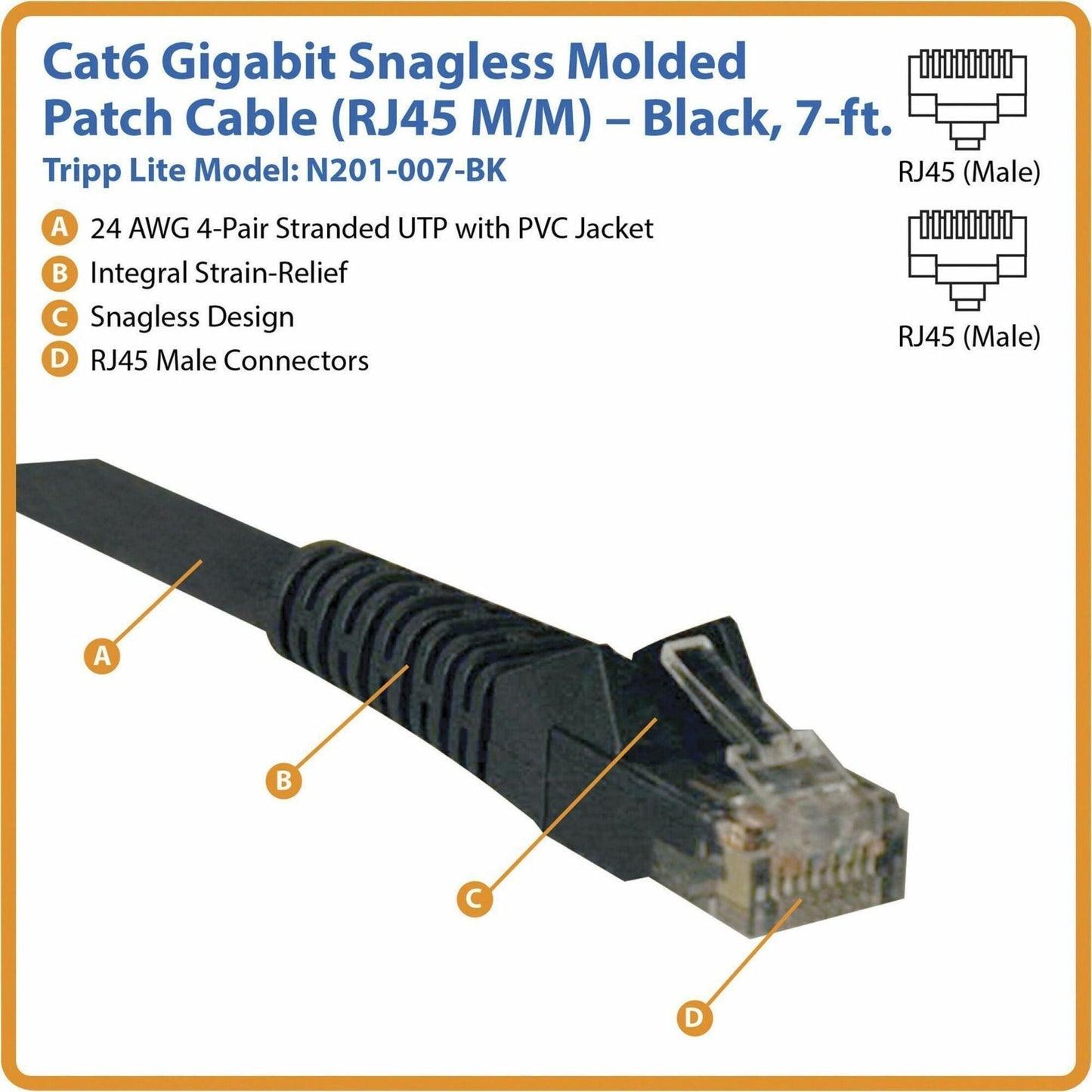 Tripp Lite Cat6 Gigabit Snagless Molded (UTP) Ethernet Cable (RJ45 M/M) PoE Black 7 ft. (2.13 m)
