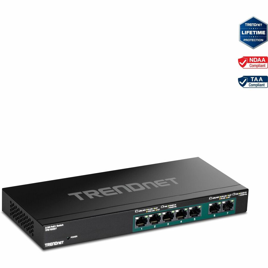 TRENDnet 7-Port Multi-Gig PoE+ Switch 5 x 1G RJ-45 PoE+ BASE-T Ports 2 x 2.5G RJ-45 PoE+ Ports 20Gbps Switching Capacity Wall Mountable Network Ethernet Switch Lifetime Protection BlackTPE-TG327