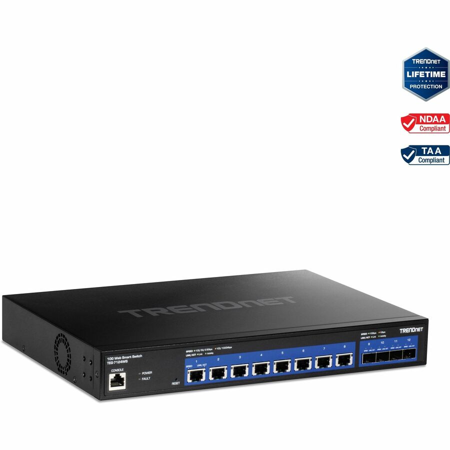 TRENDnet 12-Port 10G Web Smart Switch 8 x 10G RJ-45 Ports 4 x SFP+ Slots VLAN QoS LACP and IPv6 Support Web Smart Management Rack Mountable Housing Lifetime Protection Black TEG-7124WS