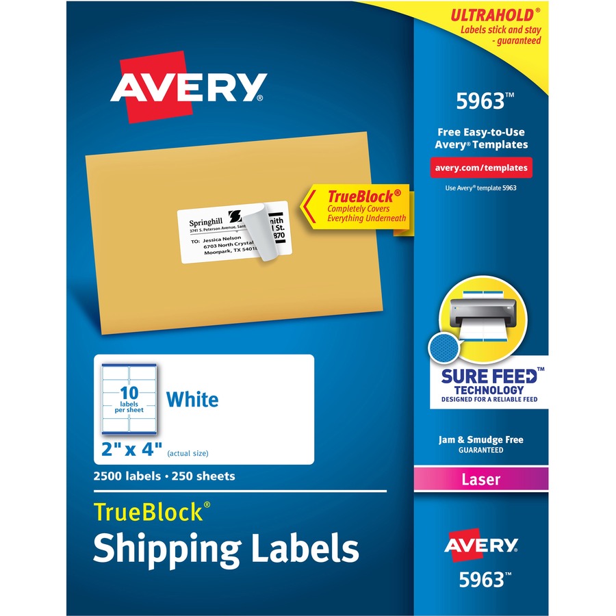 Avery&reg; TrueBlock&reg; Shipping Labels Sure Feed&reg; Technology Permanent Adhesive 2" x 4"  2500 Labels (5963)
