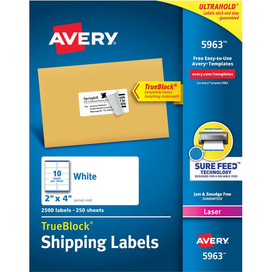 Avery&reg; TrueBlock&reg; Shipping Labels Sure Feed&reg; Technology Permanent Adhesive 2" x 4"  2500 Labels (5963)