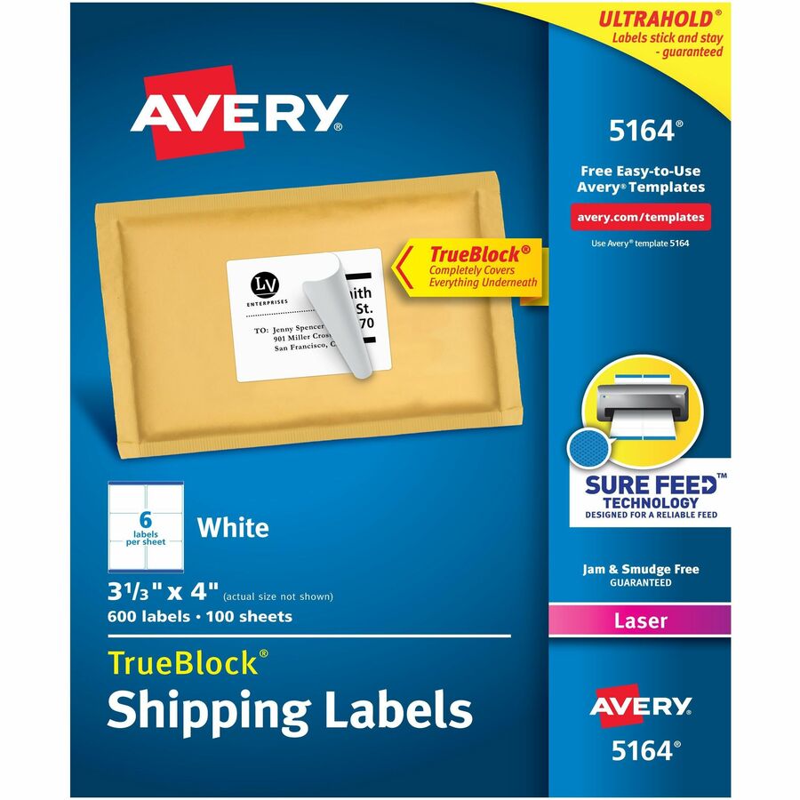 Avery&reg; TrueBlock&reg; Shipping Labels Sure Feed&reg; Technology Permanent Adhesive 3-1/3" x 4"  600 Labels (5164)