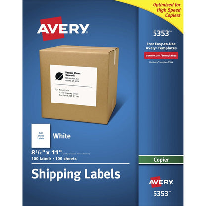 Avery&reg; Shipping Labels for Copiers 8-1/2" x 11"  100 White Labels (5353)