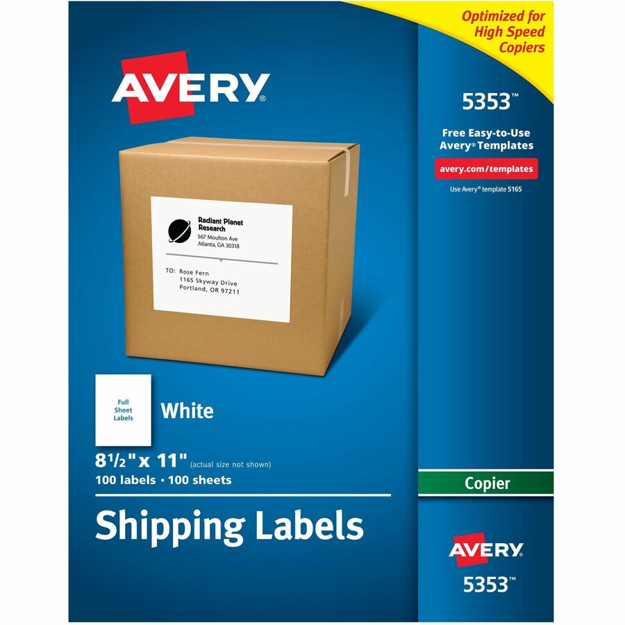 Avery&reg; Shipping Labels for Copiers 8-1/2" x 11"  100 White Labels (5353)