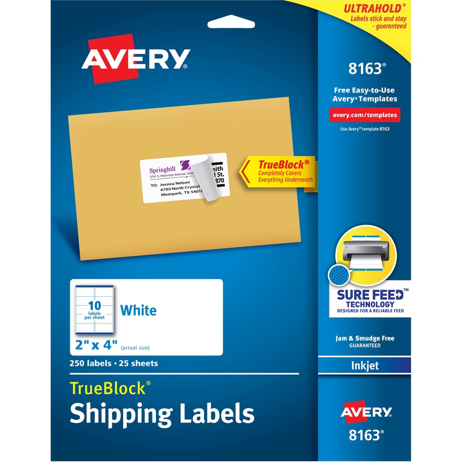 Avery&reg; TrueBlock&reg; Shipping Labels Sure Feed&reg; Technology Permanent Adhesive 2" x 4"  250 Labels (8163)
